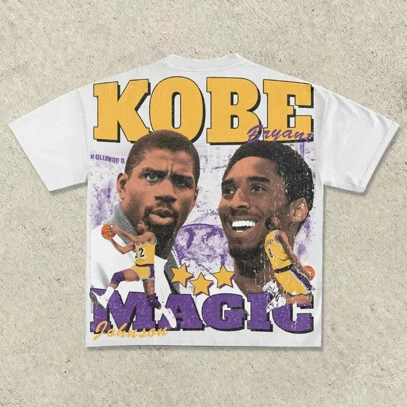 1.0 Street Basketball Printed Short-sleeved Men's and Women's Summer Round Neck Retro Trendy Brand Loose Harajuku Casual Sports Tops