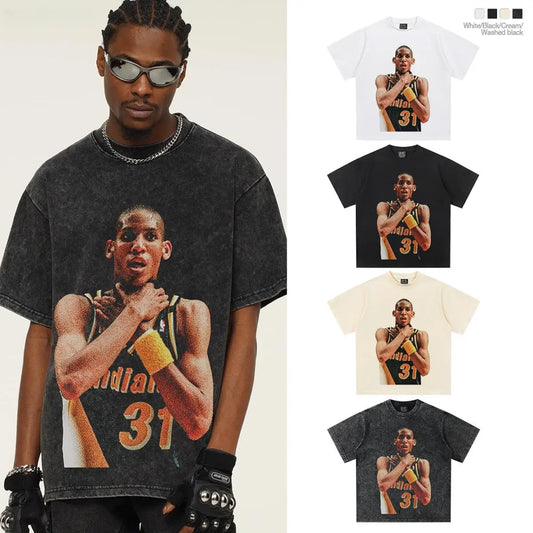 1.0 Reggie Miller Reggie American Retro Print Trendy Brand Loose Wash Heavy Cotton Summer Short Sleeve T-shirt