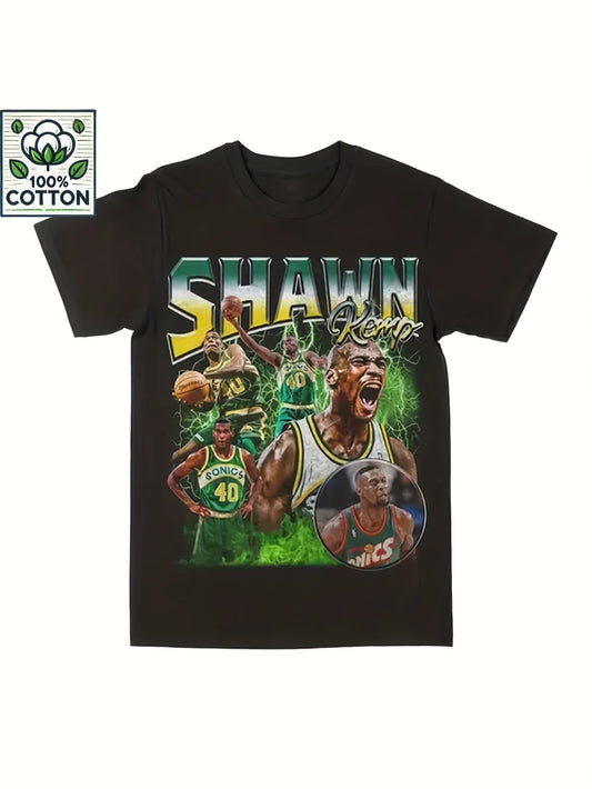 1.0 Men's Basketball Graphic T-shirt, Retro Street Style Cotton Jersey Vivid Player 23 Flame Design Round Neck Short Sleeve T-shirt