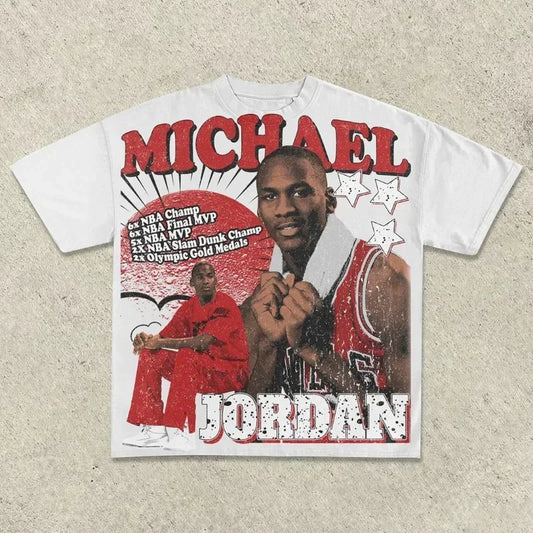 1.0 Street Basketball Printed Short-sleeved Men's and Women's Summer Round Neck Retro Trendy Brand Loose Harajuku Casual Sports Tops