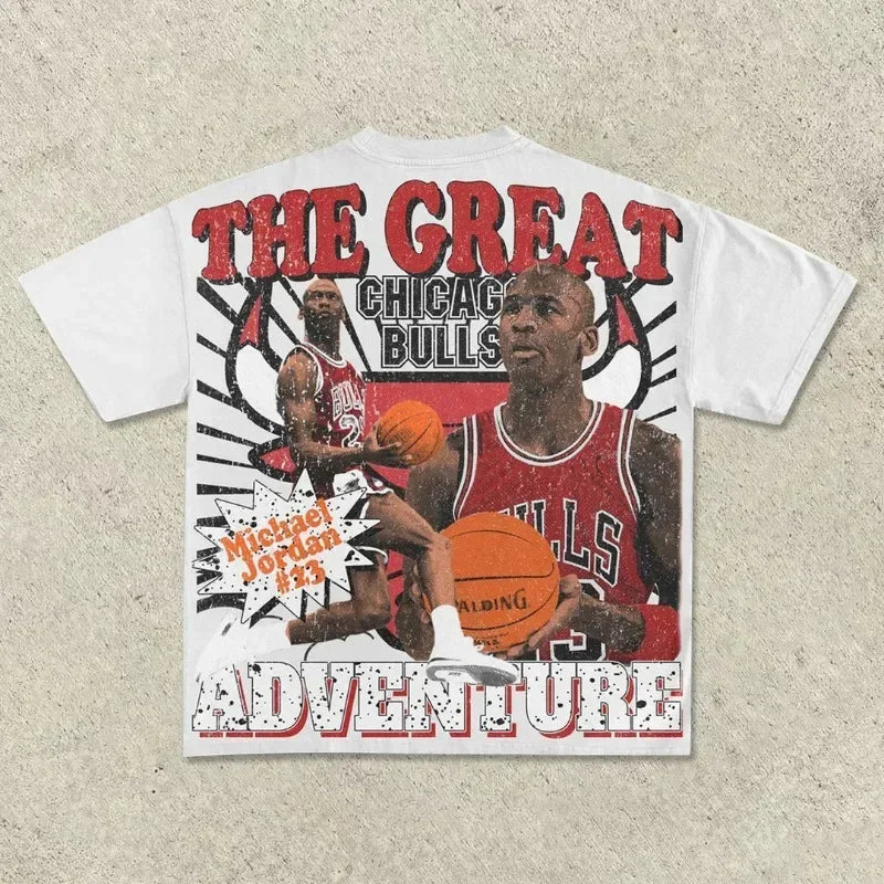 1.0 Street Basketball Printed Short-sleeved Men's and Women's Summer Round Neck Retro Trendy Brand Loose Harajuku Casual Sports Tops