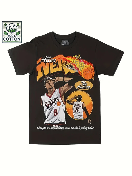 1.0 Men's Basketball Graphic T-shirt, Retro Street Style Cotton Jersey Vivid Player 23 Flame Design Round Neck Short Sleeve T-shirt