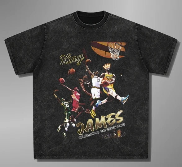 1.0 2025 New LeBron James Y2k Style Washed T-shirt Pure Cotton Flat Print Short Sleeve Casual Large Size Men'sandwomen's Top T-shirt